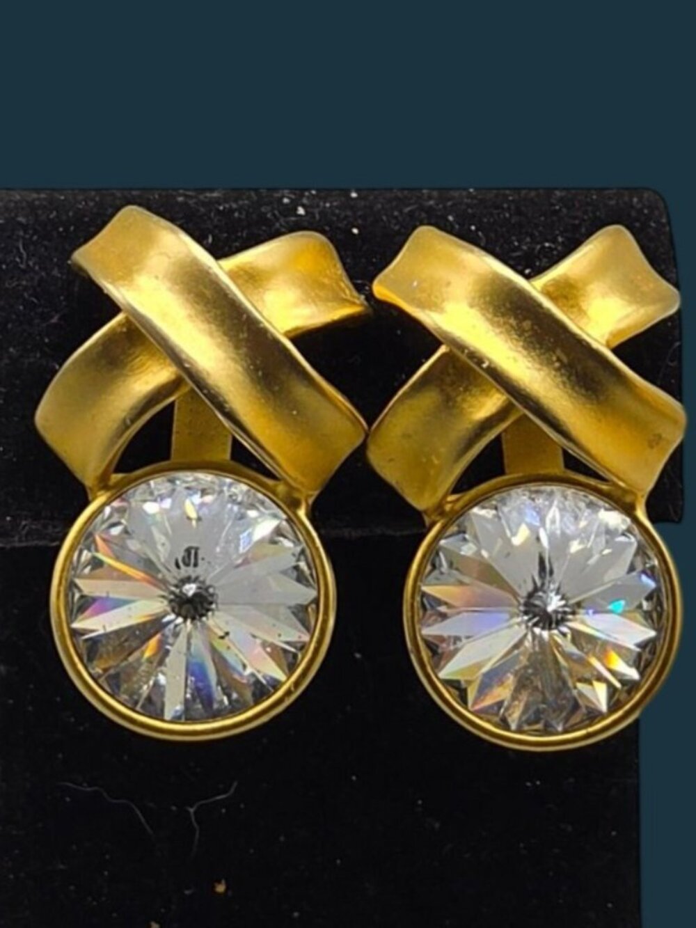 Vtg Norma Jean XO Faceted Rivoli Crystal Clip On Earrings Runway Style 1980s - Picture 5 of 12